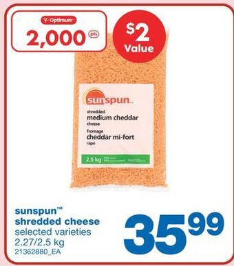 Wholesale Club Sunspun shredded cheese, 2.27/2.5 kg offer