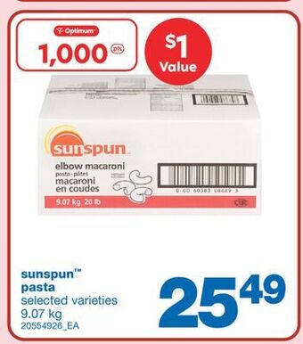 Wholesale Club Sunspun pasta, 9.07 kg offer