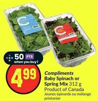 FreshCo Compliments Baby Spinach or Spring Mix 312 g offer