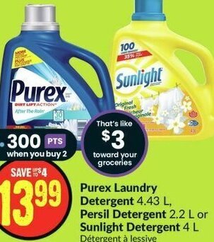 FreshCo Purex Laundry Detergent 4.43 L, Persil Detergent 2.2 L or Sunlight Detergent 4 L offer