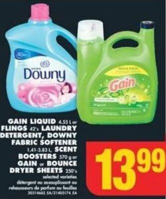 No Frills GAIN LIQUID OR FLINGS LAUNDRY DETERGENT , DOWNY FABRIC SOFTENER SCENT BOOSTER, GAIN OR BOUNCE DRYER SHEETS offer