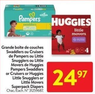 Walmart Pampers Swaddlers or Cruisers or Huggies Little Snugglers or Little Movers Superpack Diapers offer