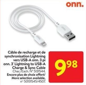 Walmart onn. 3' Lightning to USB-A Charge & Sync Cable offer