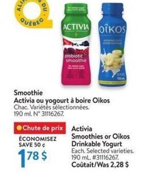 Walmart Activia Smoothies or Oikos Drinkable Yogurt 190 ml offer
