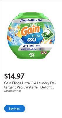 Walmart Gain flings ultra oxi laundry detergent pacs, waterfall delight scent, 3-in-1, he compatible offer