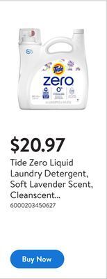 Walmart Tide zero liquid laundry detergent, soft lavender scent, cleanscent technology offer