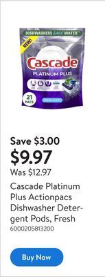 Walmart Cascade platinum plus actionpacs dishwasher detergent pods, fresh offer