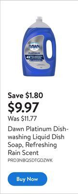 Walmart Dawn platinum dishwashing liquid dish soap, refreshing rain scent offer