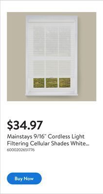 Walmart Mainstays 9/16 cordless light filtering cellular shades white 22wx64l offer