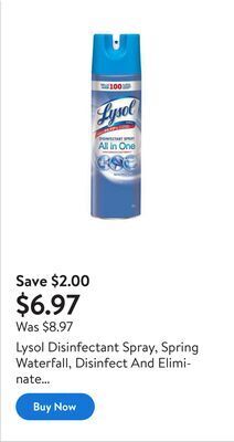 Walmart Lysol disinfectant spray, spring waterfall, disinfect and eliminate odours on hard surfaces & fabrics offer