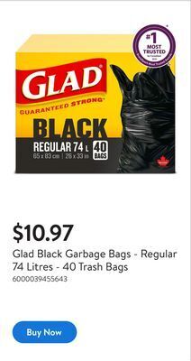 Walmart Glad black garbage bags - regular 74 litres - 40 trash bags offer