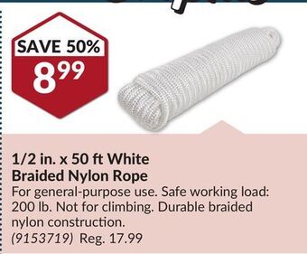 Princess Auto 1/2 in. x 50 ft white braided nylon rope offer