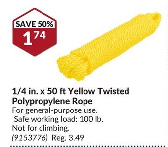 Princess Auto 1/4 in. x 50 ft yellow twisted polypropylene rope offer