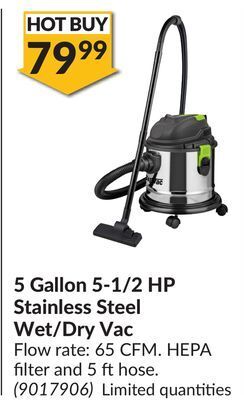 Princess Auto 5 gallon 5-1/2 hp stainless steel wet/dry vac offer