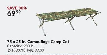 Princess Auto 75 x 25 in. camouflage camp cot offer