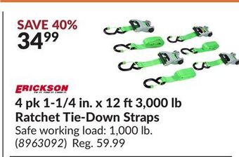 Princess Auto Erickson 4 pk 1-1/4 in. x 12 ft3,000 lb ratchet tie-down straps offer