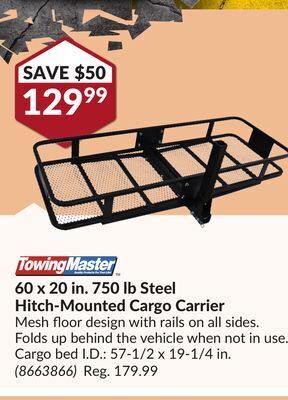 Princess Auto 60 x 20 in. 750 lb steel hitch-mounted cargo carrier offer