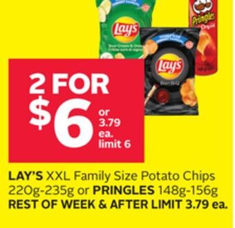 Rexall Lay's xxl family size potato chips 220g-235g or pringles 148g-156g offer