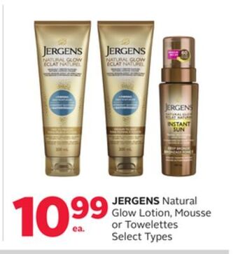 Rexall Jergens natural glow lotion, mousse or towelettes offer