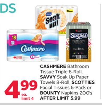 Rexall Cashmere bathroom tissue triple 6-roll, savvy soak up paper towels 8-roll, scotties facial tissues 6-pack or bounty napkins 2 offer