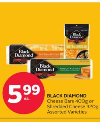 Rexall Black diamond cheese bars 400g or shredded cheese 320g offer