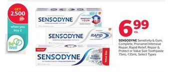 Rexall Sensodyne sensitivity & gum, complete, pronamel intensive repair, rapid relief, repair & protect or value size toothpaste 75m offer