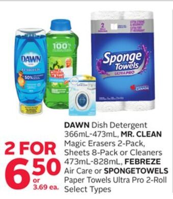 Rexall Dawn dish detergent 366ml-473ml, mr. clean magic erasers 2-pack, sheets 8-pack or cleaners 473ml-828ml, febreze air care or s offer