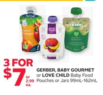 Rexall Gerber, baby gourmet or love child baby food pouches or jars 99ml offer