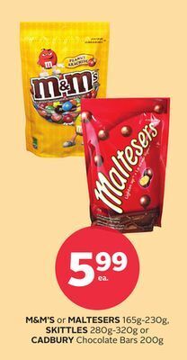 Rexall M & m' s or maltesers 165g-230g, skittles 280g-320g or cadbury chocolate bars 200g offer