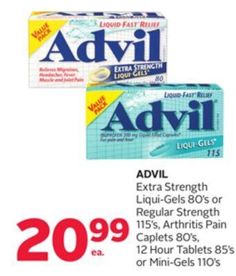 Rexall Advil extra strength liqui-gels 80' s or regular strength 115' s, arthritis pain caplets 80' s, 12 hour tablets 85' s or mini offer