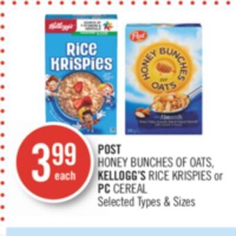 Shoppers Drug Mart Post honey bunches of oats kellogg's rice krispies or pc cereal offer