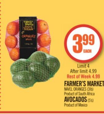 Shoppers Drug Mart Farmer's market navel oranges (3lb) product of south africa avocados (5's) offer