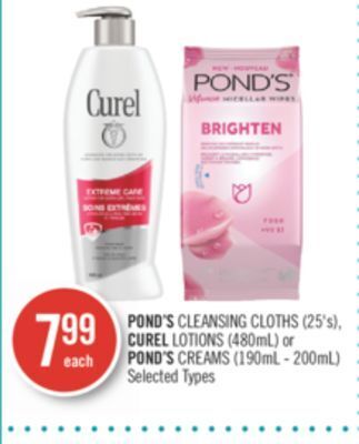 Shoppers Drug Mart Pond's cleansing cloths (25's), curel lotions (480ml) or pond's creams (190ml - 200ml) offer