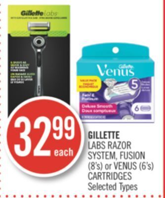 Shoppers Drug Mart Gillette labs razor system, fusion (8's) or venus (6's) cartridges offer