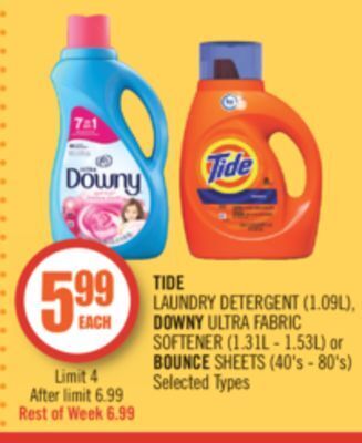 Shoppers Drug Mart Tide laundry detergent (1.09l), downy ultra fabric softener (1.31l - 1.53l) or bounce sheets (40's - 80's) offer