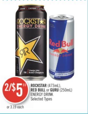 Shoppers Drug Mart Rockstar (473ml), red bull or guru (250ml) energy drink offer