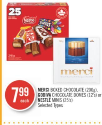 Shoppers Drug Mart Merci boxed chocolate (200g), godiva chocolate domes (12's) or nestlé minis (25's) offer