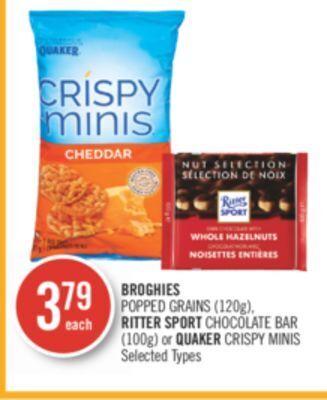 Shoppers Drug Mart Broghies popped grains (120g), ritter sport chocolate bar (100g) or quaker crispy minis offer