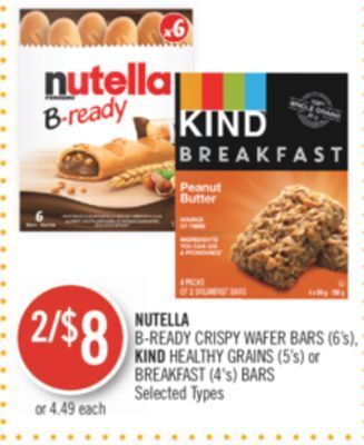 Shoppers Drug Mart Nutella b-ready crispy wafer bars (6's), kind healthy grains (5's) or breakfast (4's) bars offer