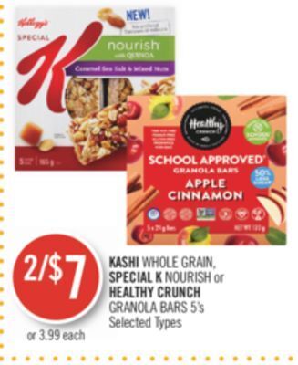 Shoppers Drug Mart Kashi whole grain, special k nourish or healthy crunch granola bars offer