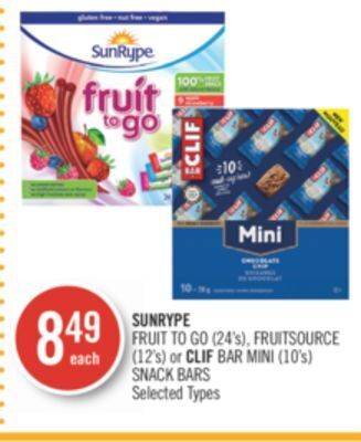 Shoppers Drug Mart Sunrype fruit to go (24's), fruitsource (12's) or clif bar mini (10's) snack bars offer