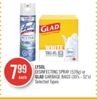 Shoppers Drug Mart Lysol disinfecting spray (539g) or glad garbage bags (30's - 52's) offer