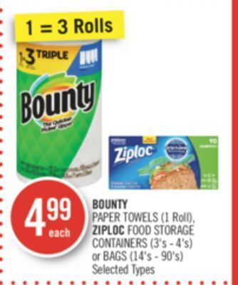 Shoppers Drug Mart Bounty paper towels (1 roll), ziploc food storage containers (3's - 4's) or bags (14's - 90's) offer