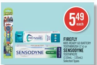 Shoppers Drug Mart Firefly kids ready go battery toothbrush (1's) or sensodyne toothpaste (110ml - 135ml) selected types offer