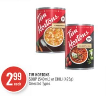 Shoppers Drug Mart Tim hortons soup (540ml) or chili (425g) offer