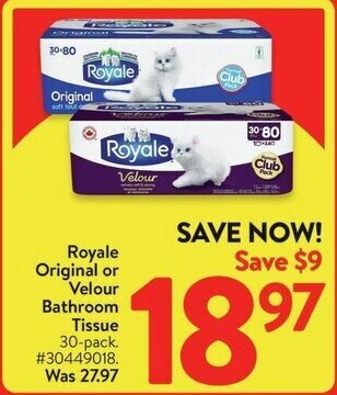 Walmart Royale Original or Velour Bathroom Tissue 30-pack offer