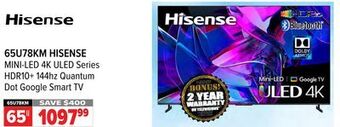 2001 Audio Video Hisense 65 mini-led 4k uled series hdr10+ 144hz quantum dot google smart tv offer