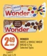 Shoppers Drug Mart WONDER WHITE or WHOLE WHEAT BREAD 675g offer
