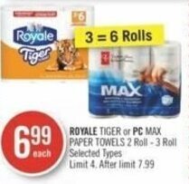 Shoppers Drug Mart ROYALE TIGER or PC MAX PAPER TOWELS 2 Roll-3 Roll offer