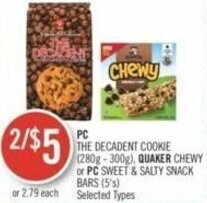 Shoppers Drug Mart PC THE DECADENT COOKIE (280g-300g), QUAKER CHEWY or PC SWEET & SALTY SNACK BARS (5's) offer